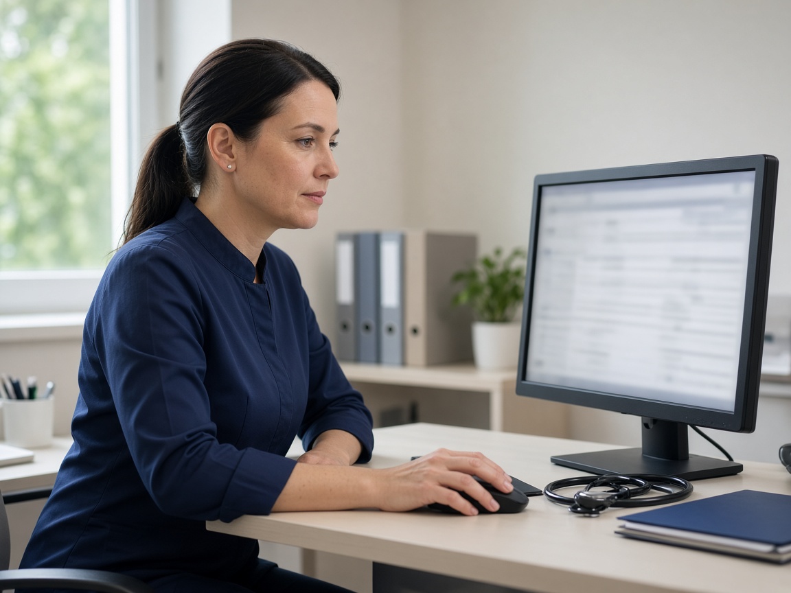 A clinician reviewing practice records at a desk